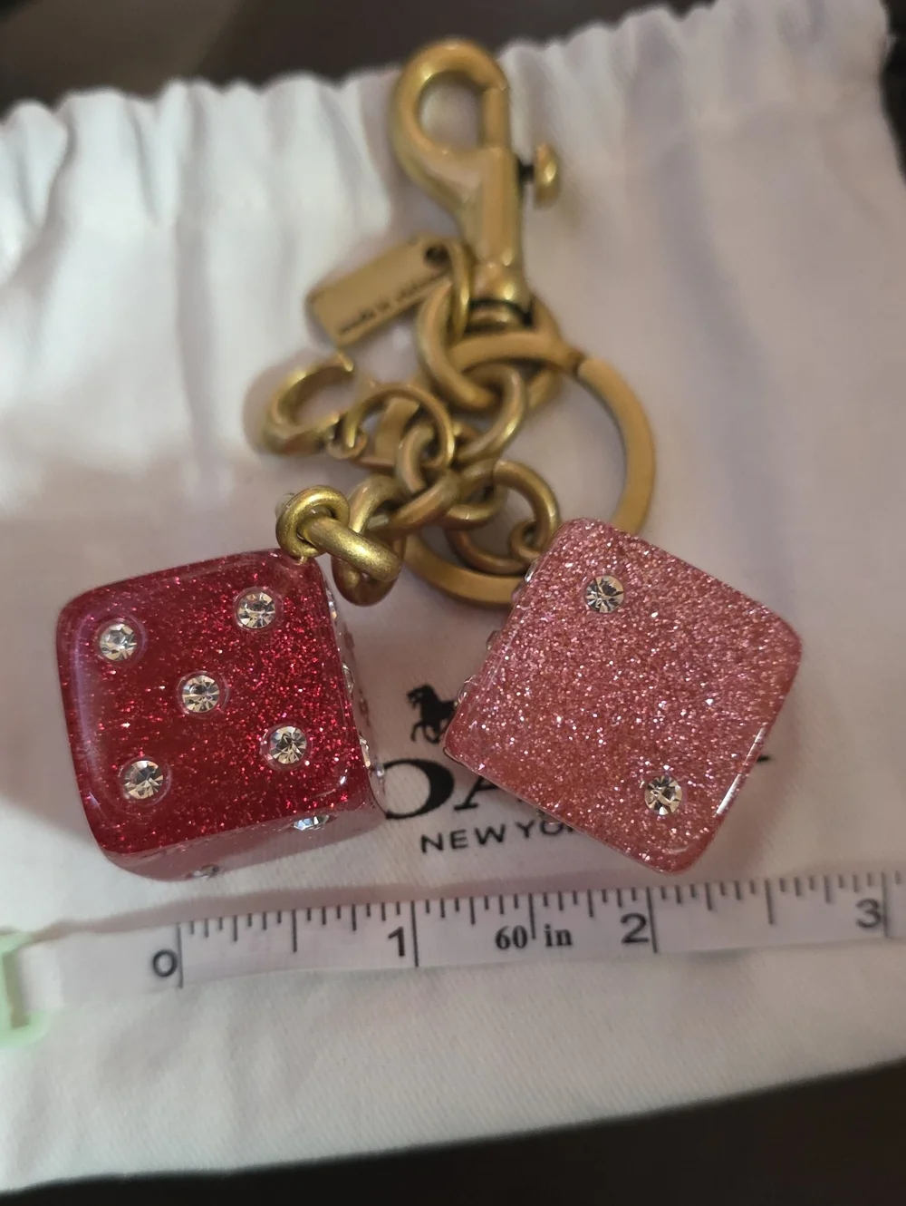 Coach Sparkling Large Glitter Dice Bag Charm W/ Dig Clip Euc with Dusty